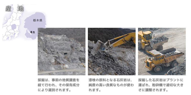 採掘は、事前の地質調査を経て行われ、その保有成分により選別されます。漆喰の原料となる石灰岩は、純度の高い良質なものが使われます。採掘した石灰岩はプラントに運ばれ、粉砕機で適切な大きさに調整されます。